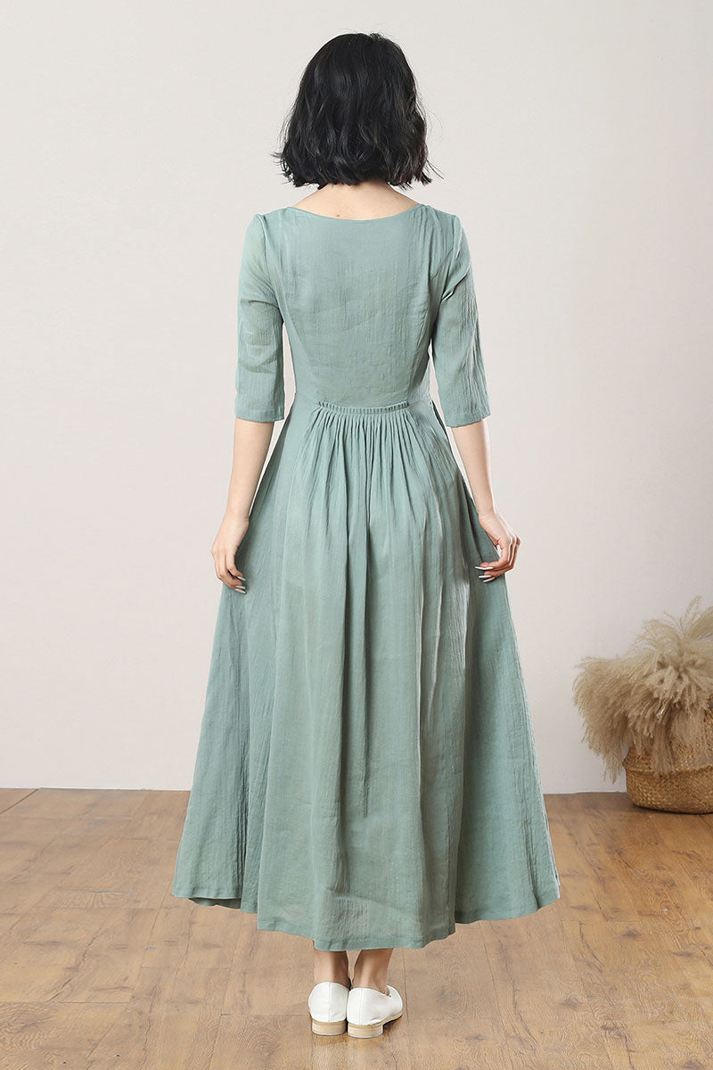 Green Long Swing Linen Dress C3275