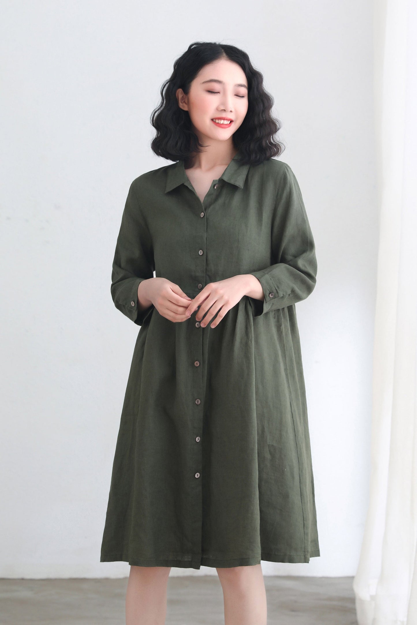 Army green Long Sleeve linen cardigan dress C2693, #CK2200367