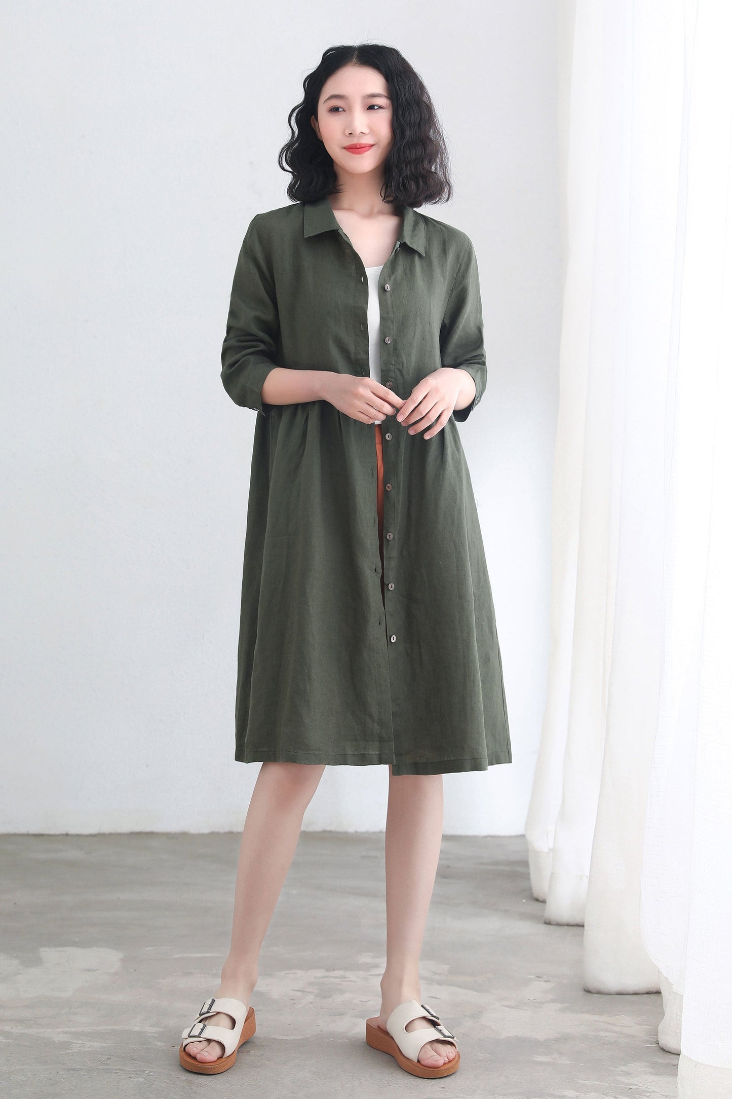 Army green Long Sleeve linen cardigan dress C2693, #CK2200367