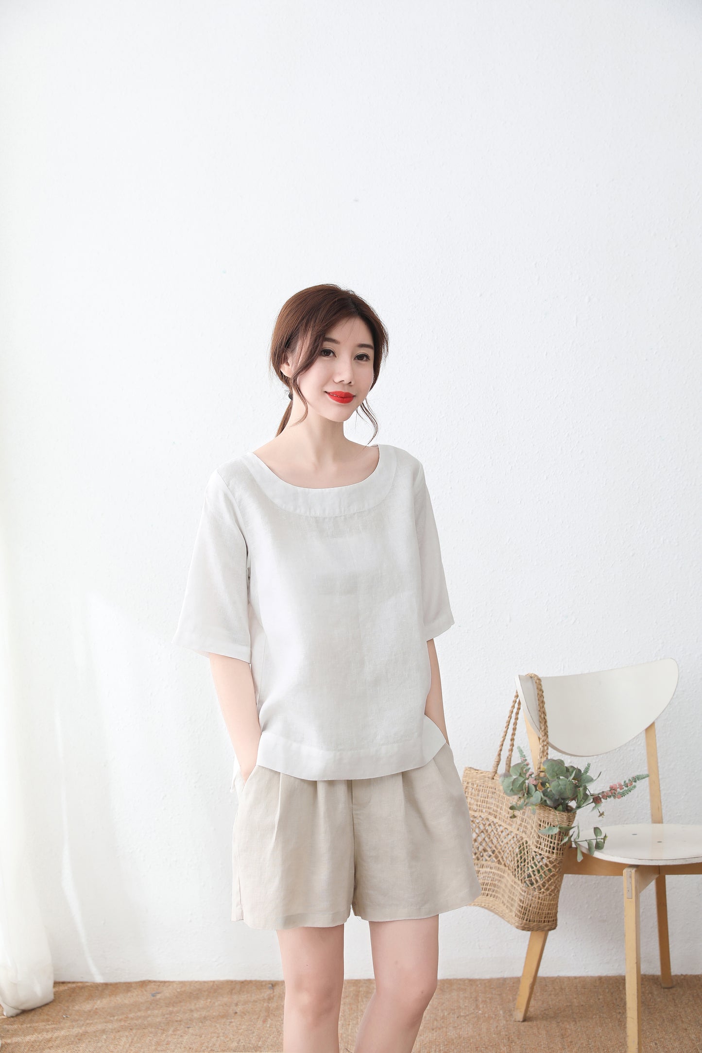 White linen blouse, Short sleeve linen blouse  C2338