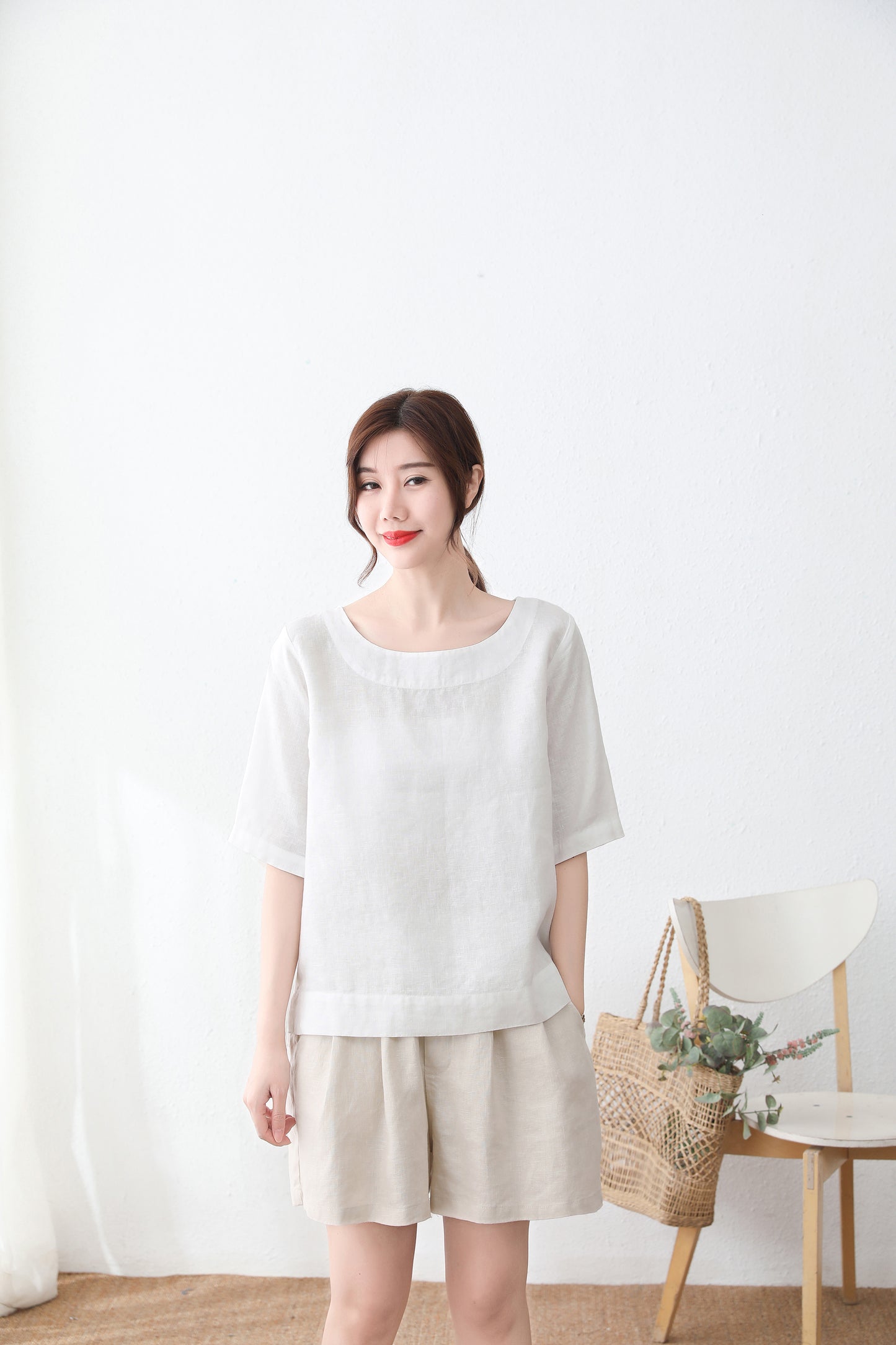 White linen blouse, Short sleeve linen blouse  C2338