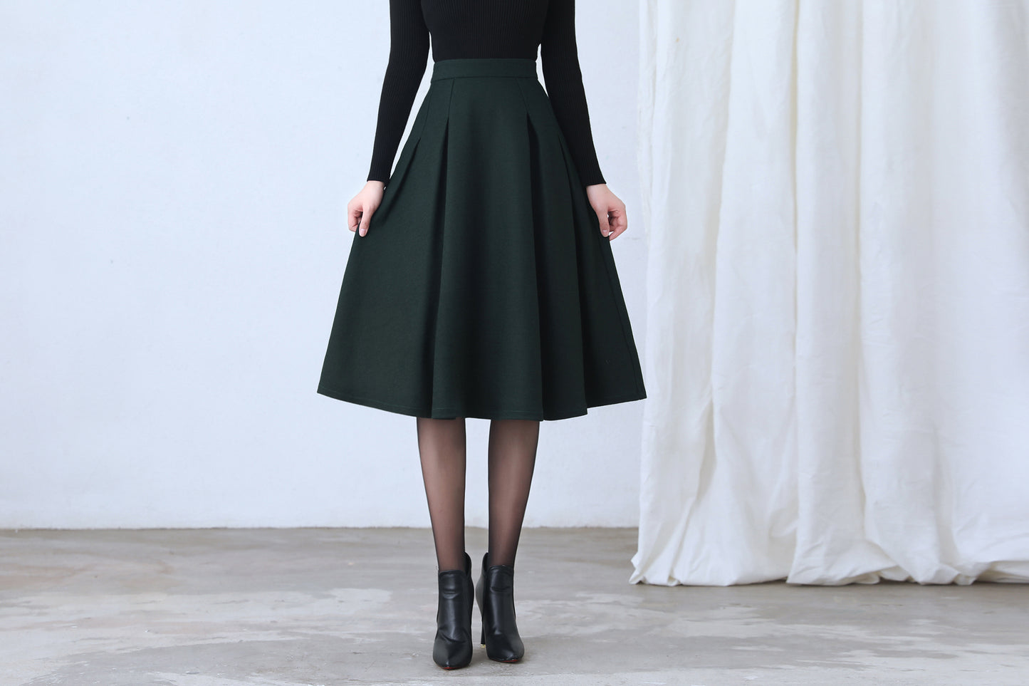 A Line Pleated Midi Wool Skirt Women C4362