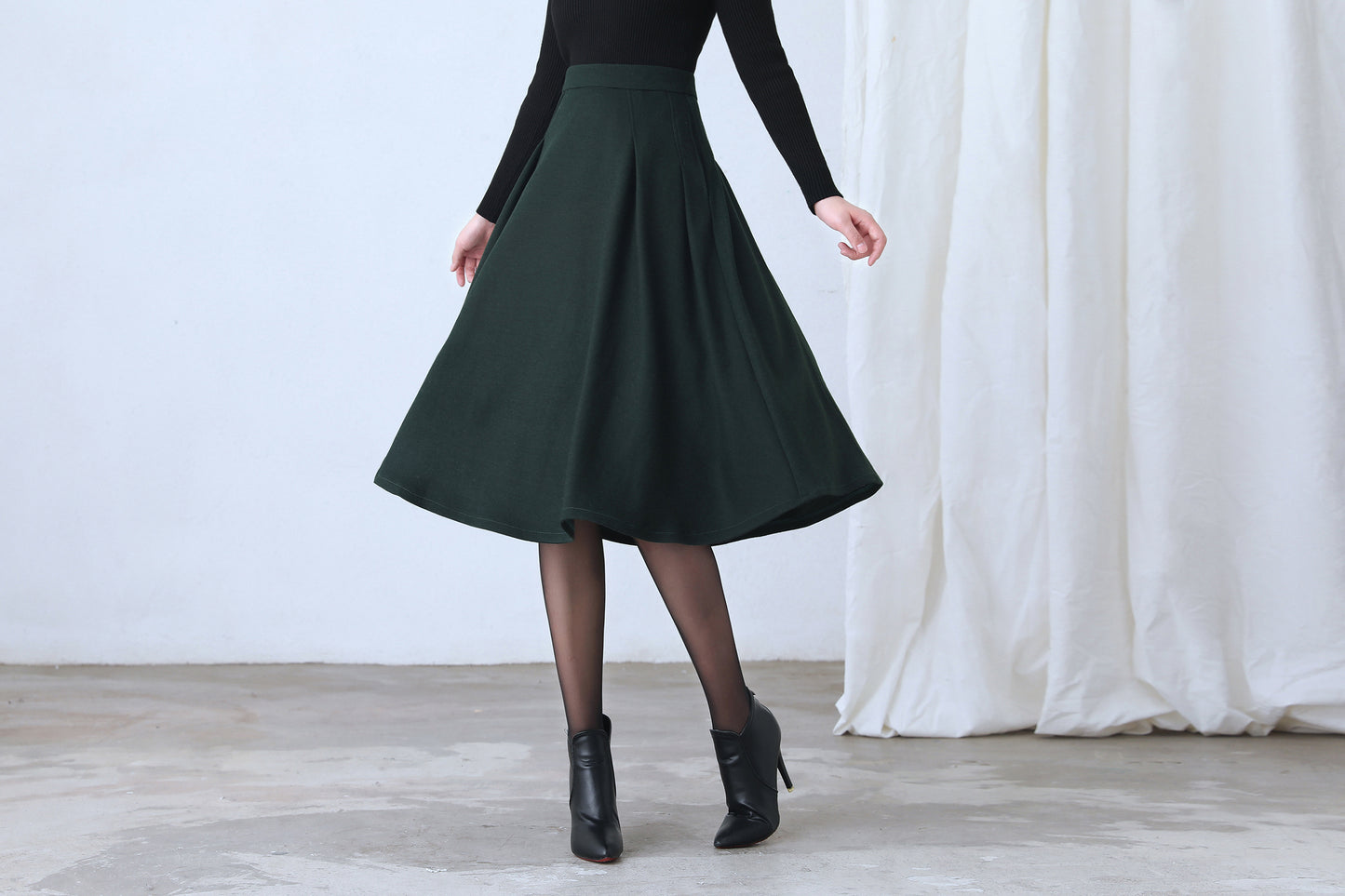 A Line Pleated Midi Wool Skirt Women C4362