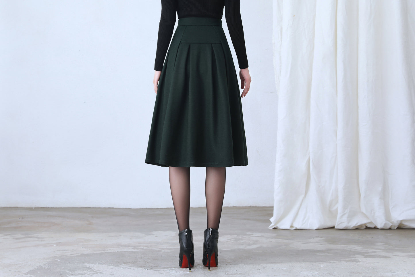 A Line Pleated Midi Wool Skirt Women C4362