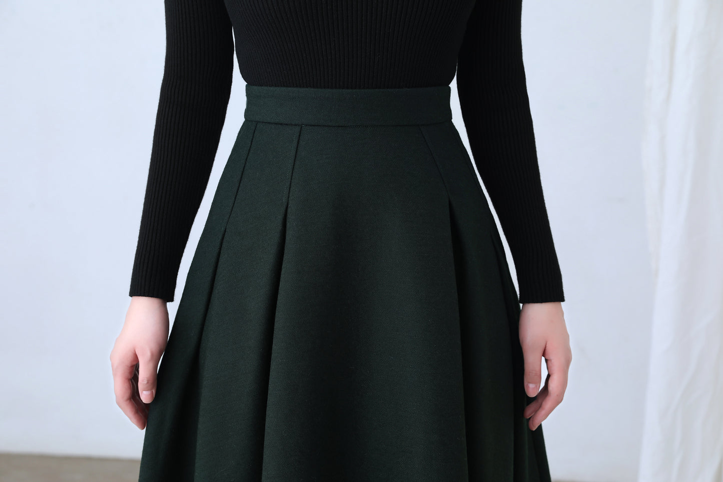 A Line Pleated Midi Wool Skirt Women C4362