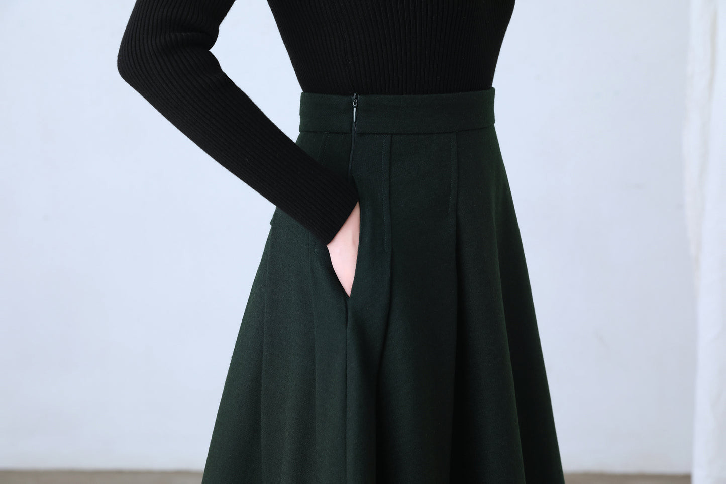A Line Pleated Midi Wool Skirt Women C4362