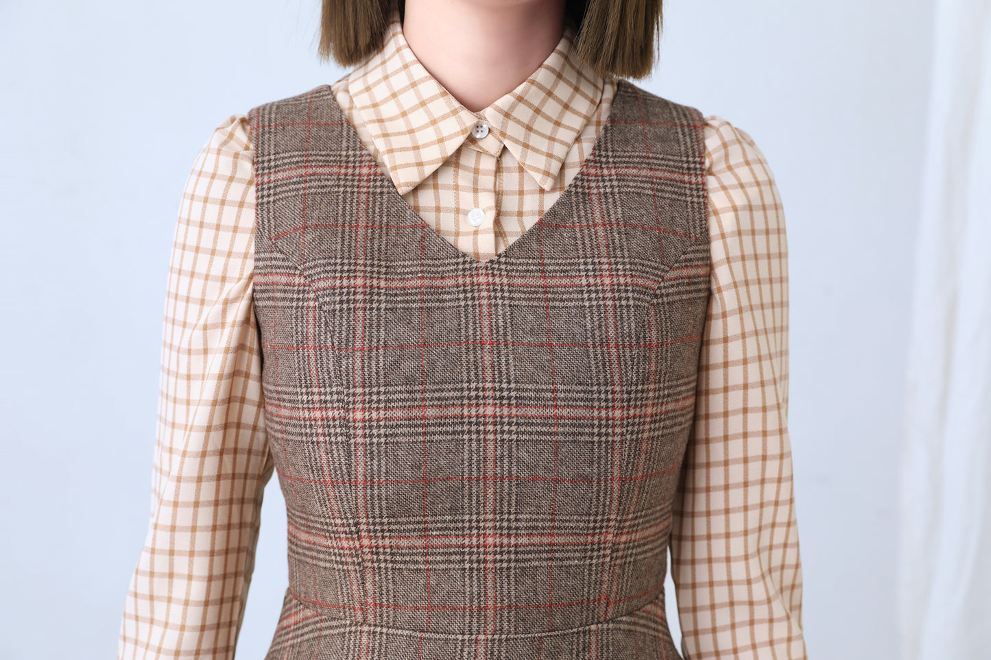 Autumn Winter Sleeveless Plaid Wool dress Women C4365