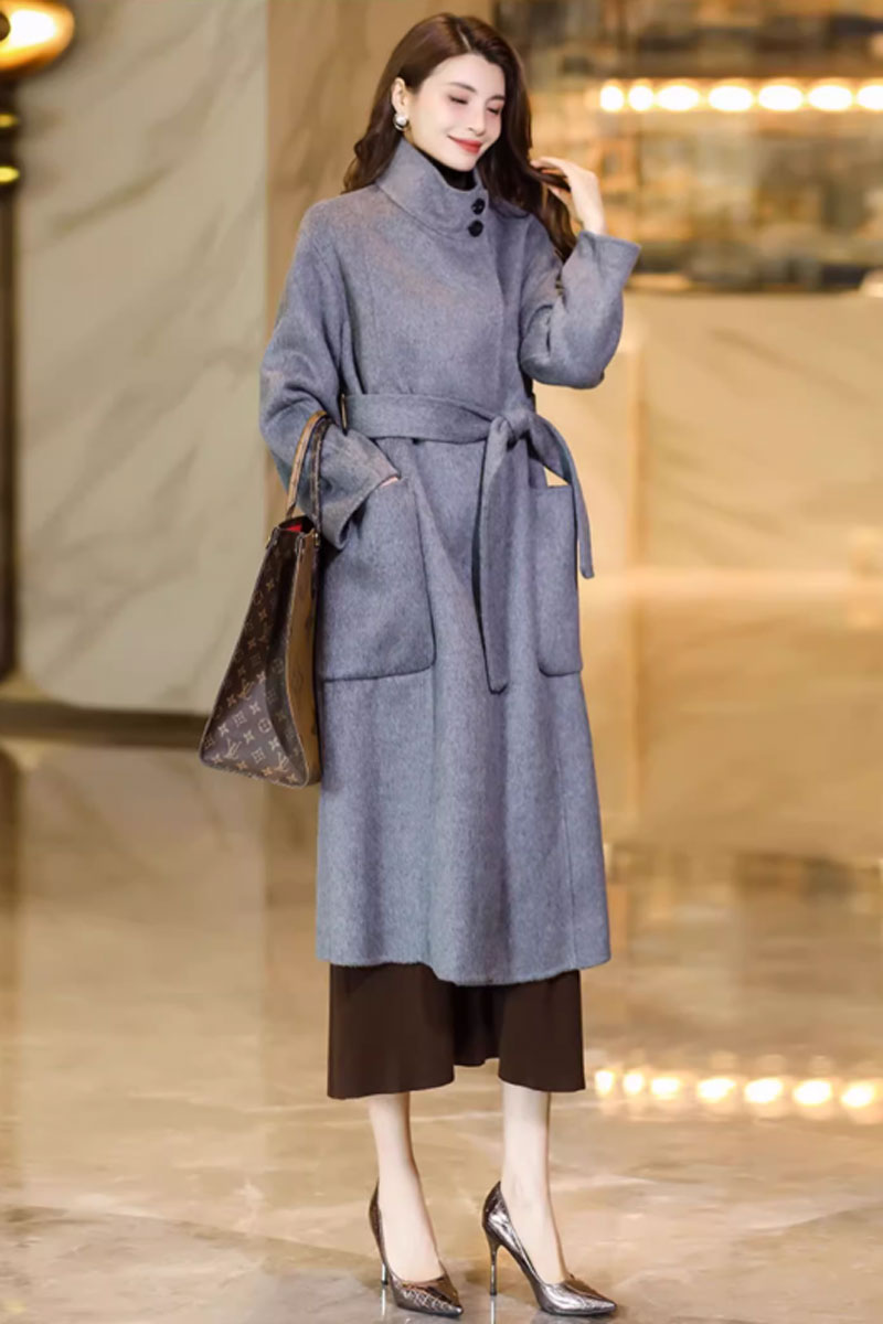 gray long wool coats with pockets C3738