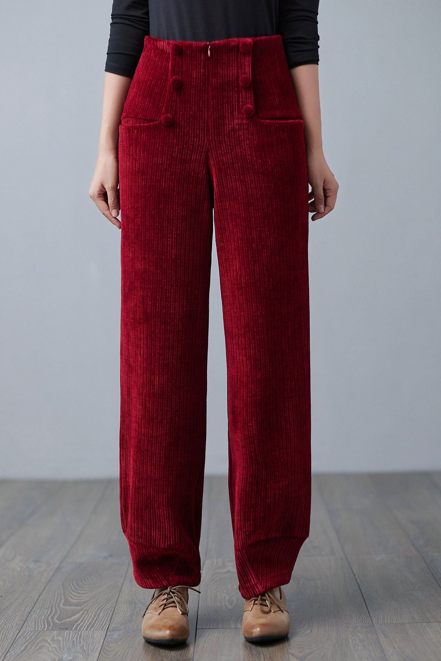 Red High Waisted Corduroy Pants, Wide Leg Pants C2501,SizeM #CK2101052