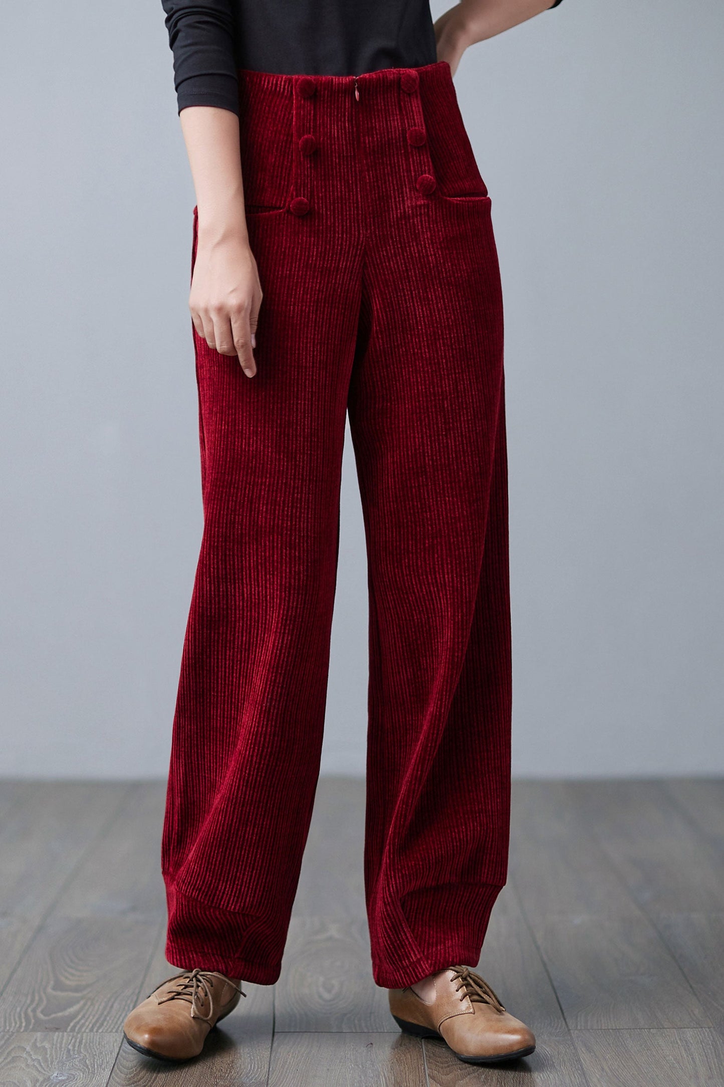 Red High Waisted Corduroy Pants, Wide Leg Pants C2501,SizeM #CK2101052