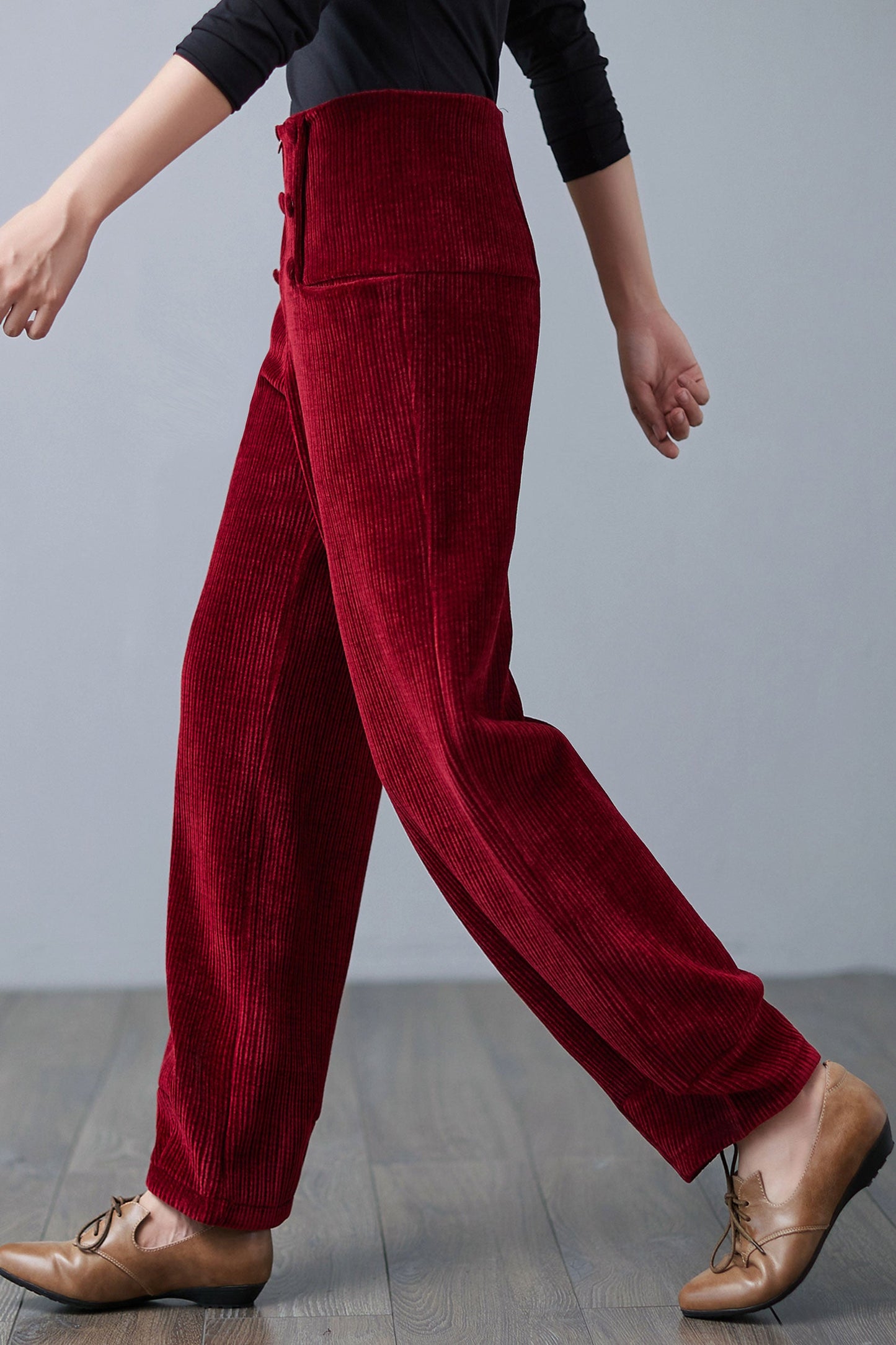 Red High Waisted Corduroy Pants, Wide Leg Pants C2501,SizeM #CK2101052
