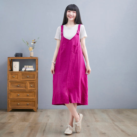 Purple Linen Midi Dress - Loose Fit, Strap Detail c2256