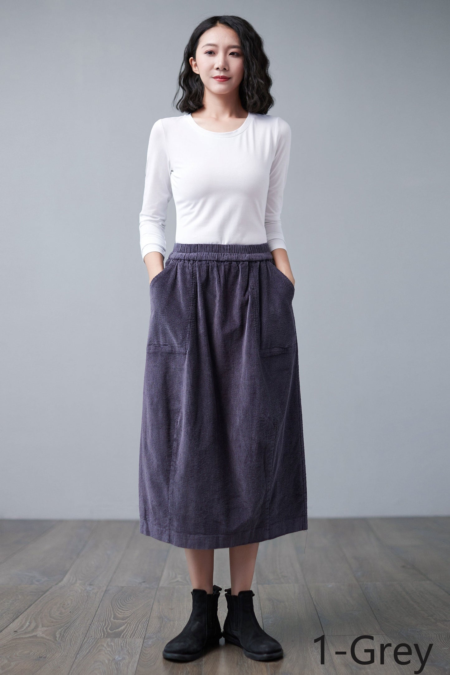Women's Winter Elastic Waist Midi Corduroy Skirt C250001,Size XL #CK2101557
