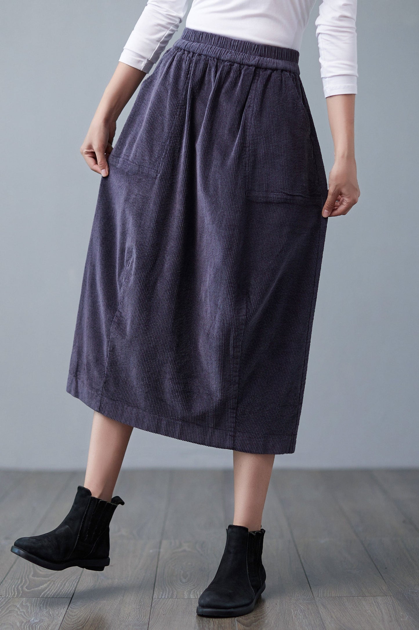 Women's Winter Elastic Waist Midi Corduroy Skirt C250001,Size XL #CK2101557