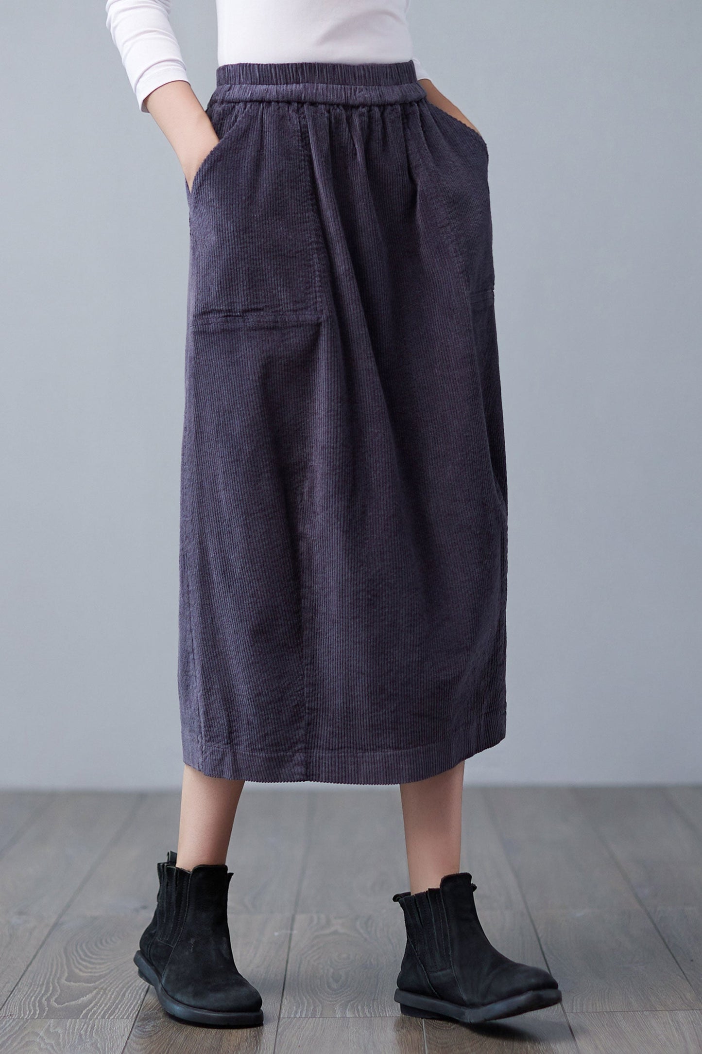 Women's Winter Elastic Waist Midi Corduroy Skirt C250001,Size XL #CK2101557