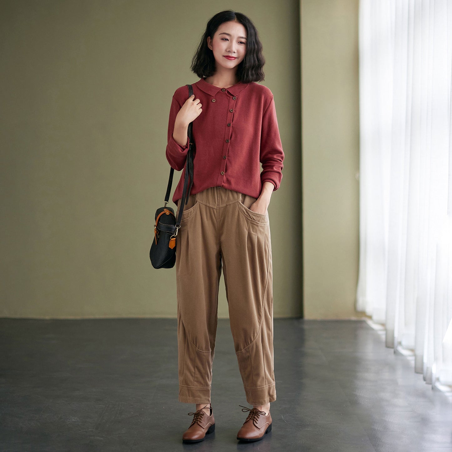 Autumn winter Loose fit Elastic High waist Khaki Corduroy Pants C2433