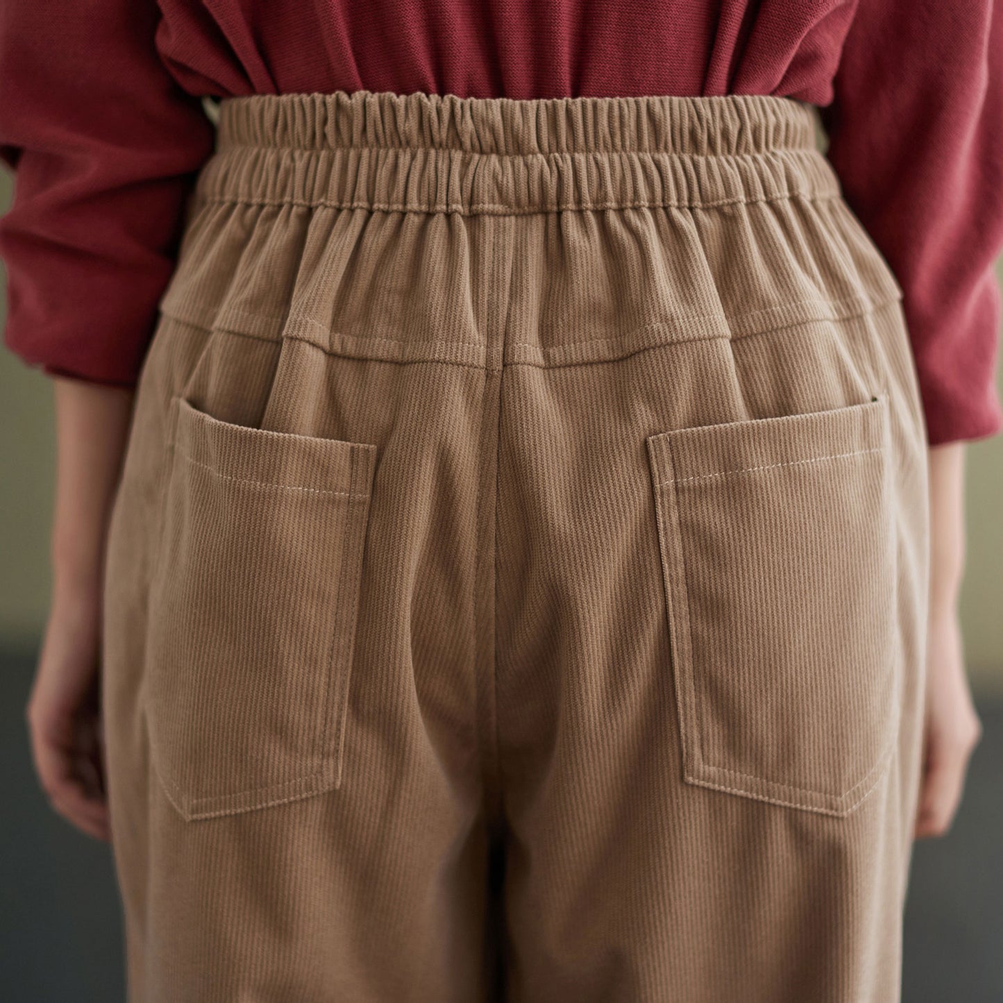 Autumn winter Loose fit Elastic High waist Khaki Corduroy Pants C2433
