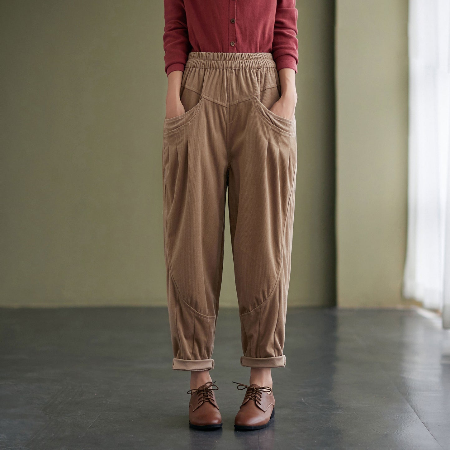 Autumn winter Loose fit Elastic High waist Khaki Corduroy Pants C2433