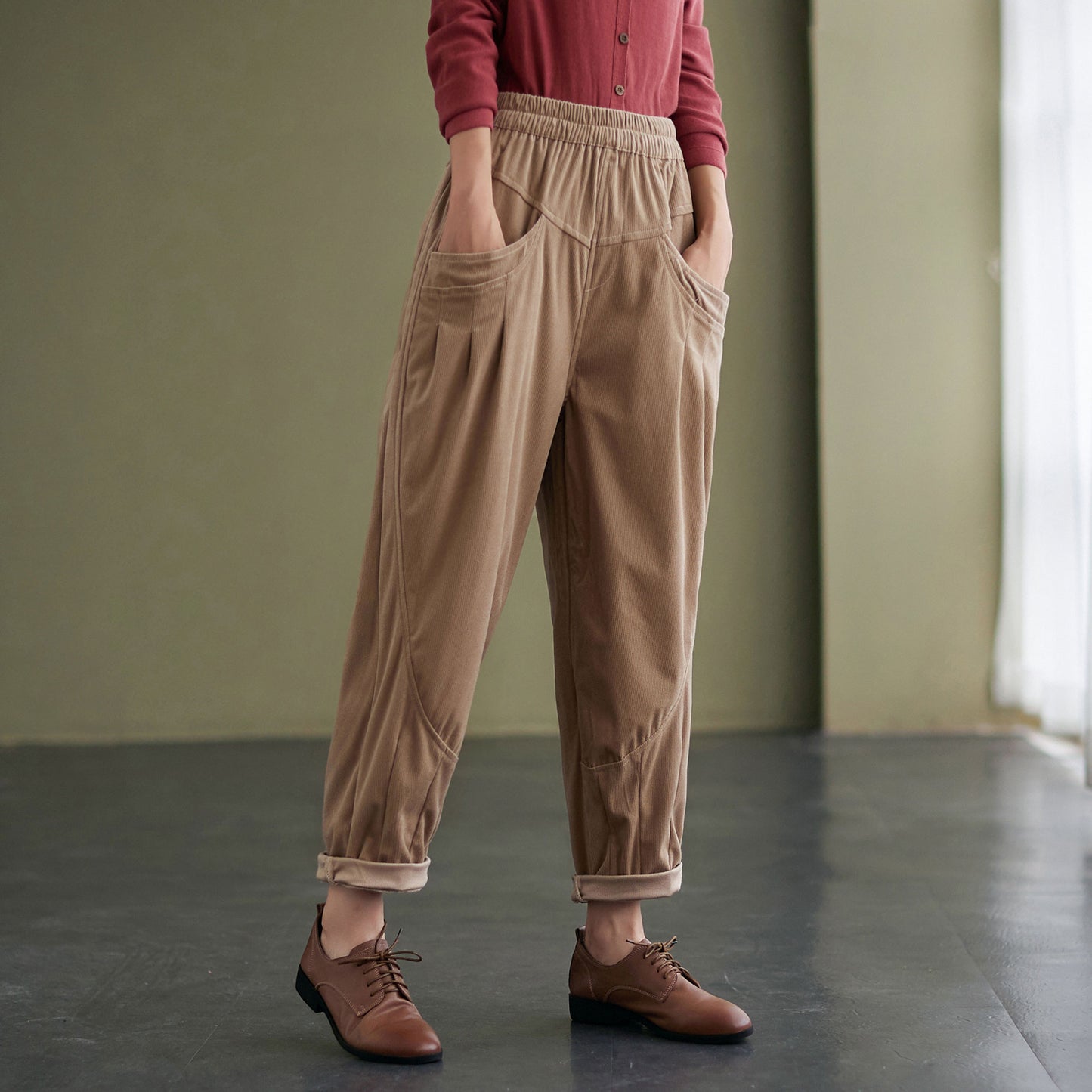 Autumn winter Loose fit Elastic High waist Khaki Corduroy Pants C2433