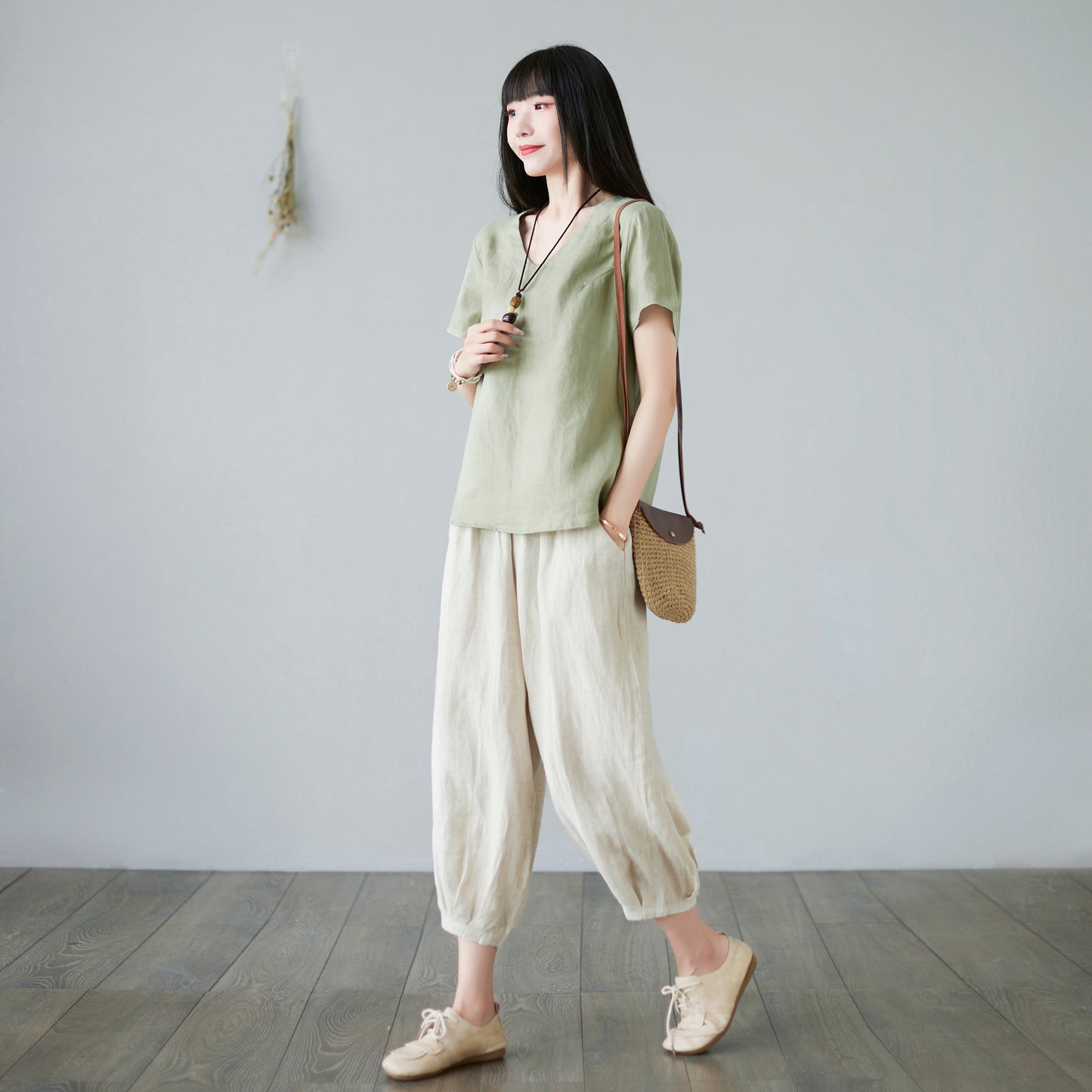 Green linen casual loose blouse C2278