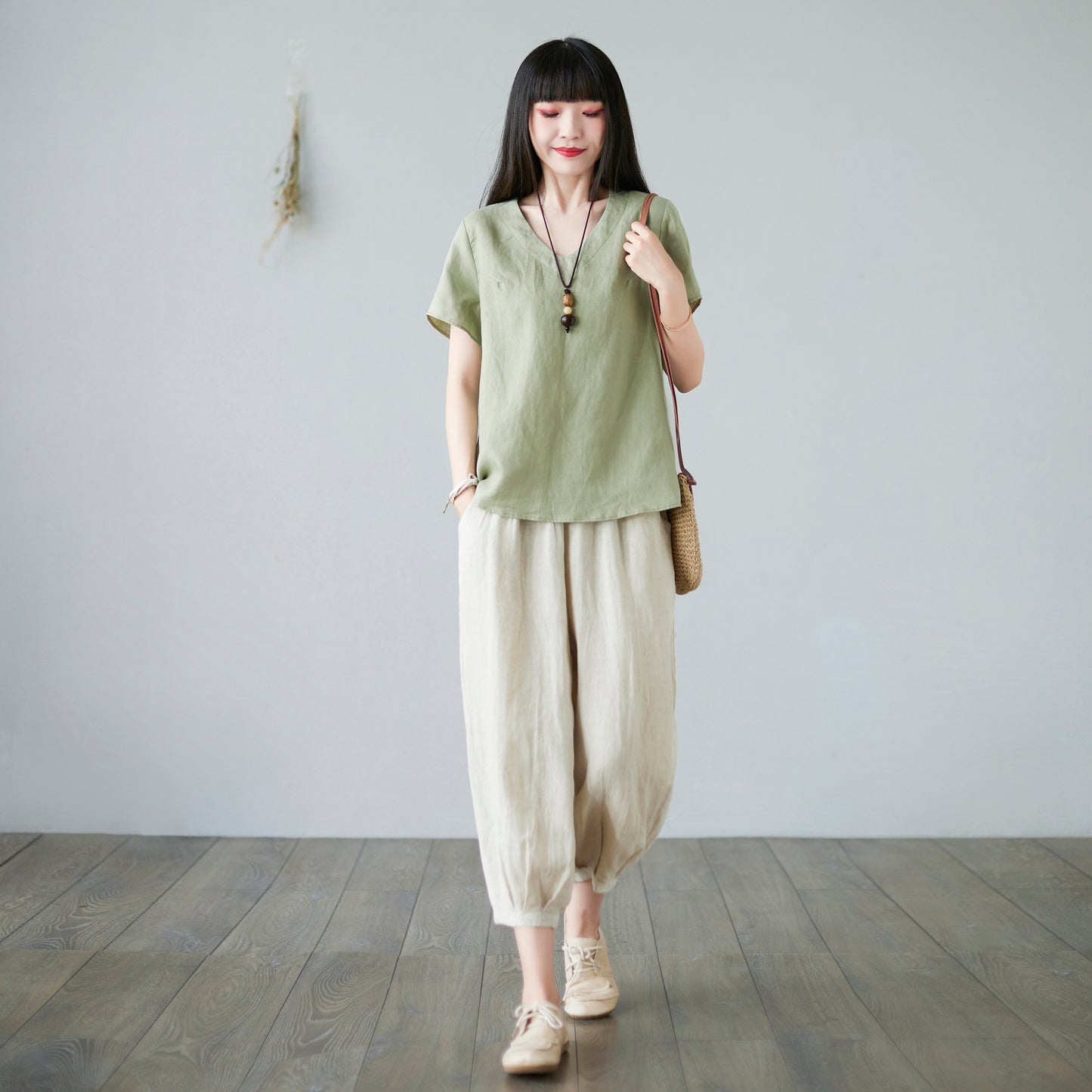 Green linen casual loose blouse C2278