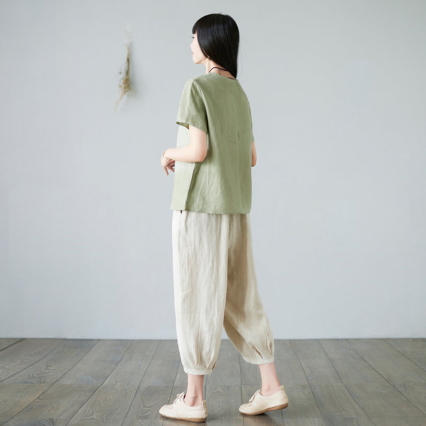 Green linen casual loose blouse C2278