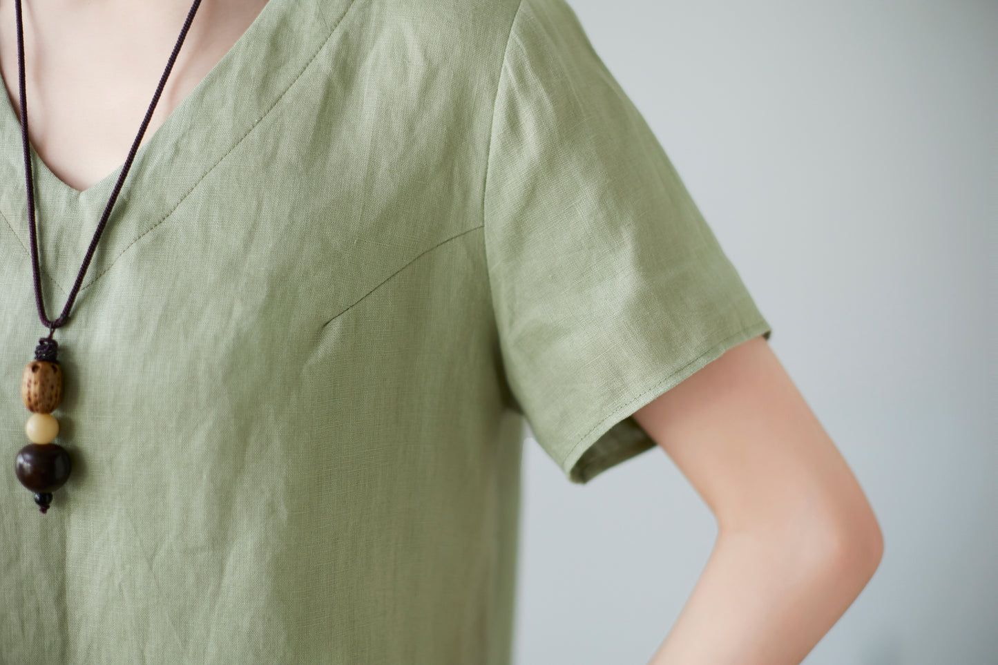 Green linen casual loose blouse C2278