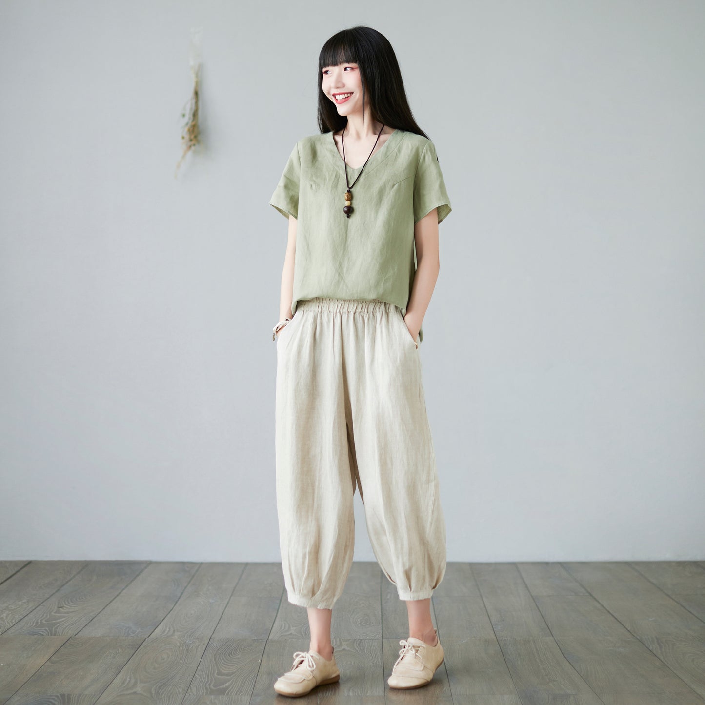 Green linen casual loose blouse C2278