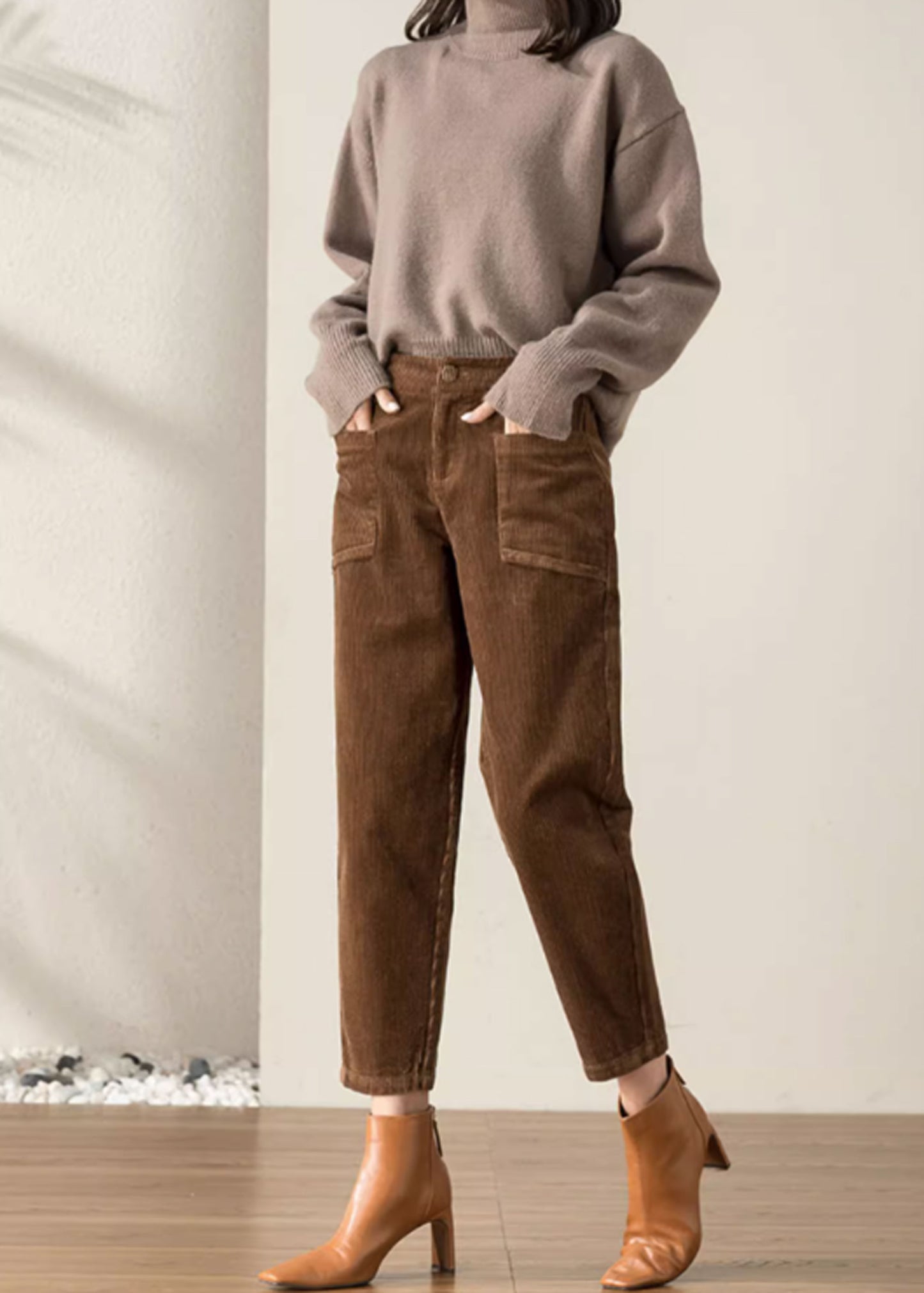 Women's Tapered Pants, Elastic Waist Corduroy Pants C3509