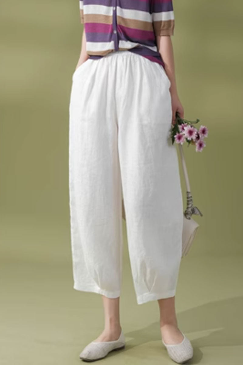 loose fitting linen pants with elastic waist  C3855