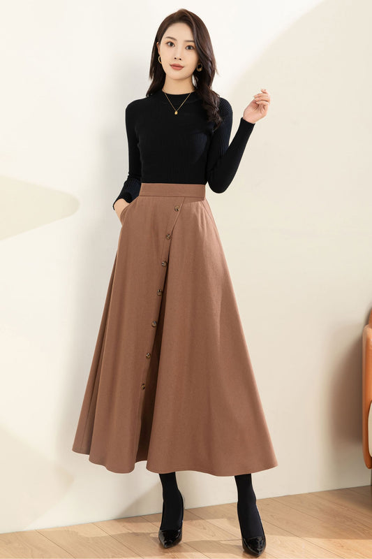 Midi Wool A Line Button Down Skirt C3602
