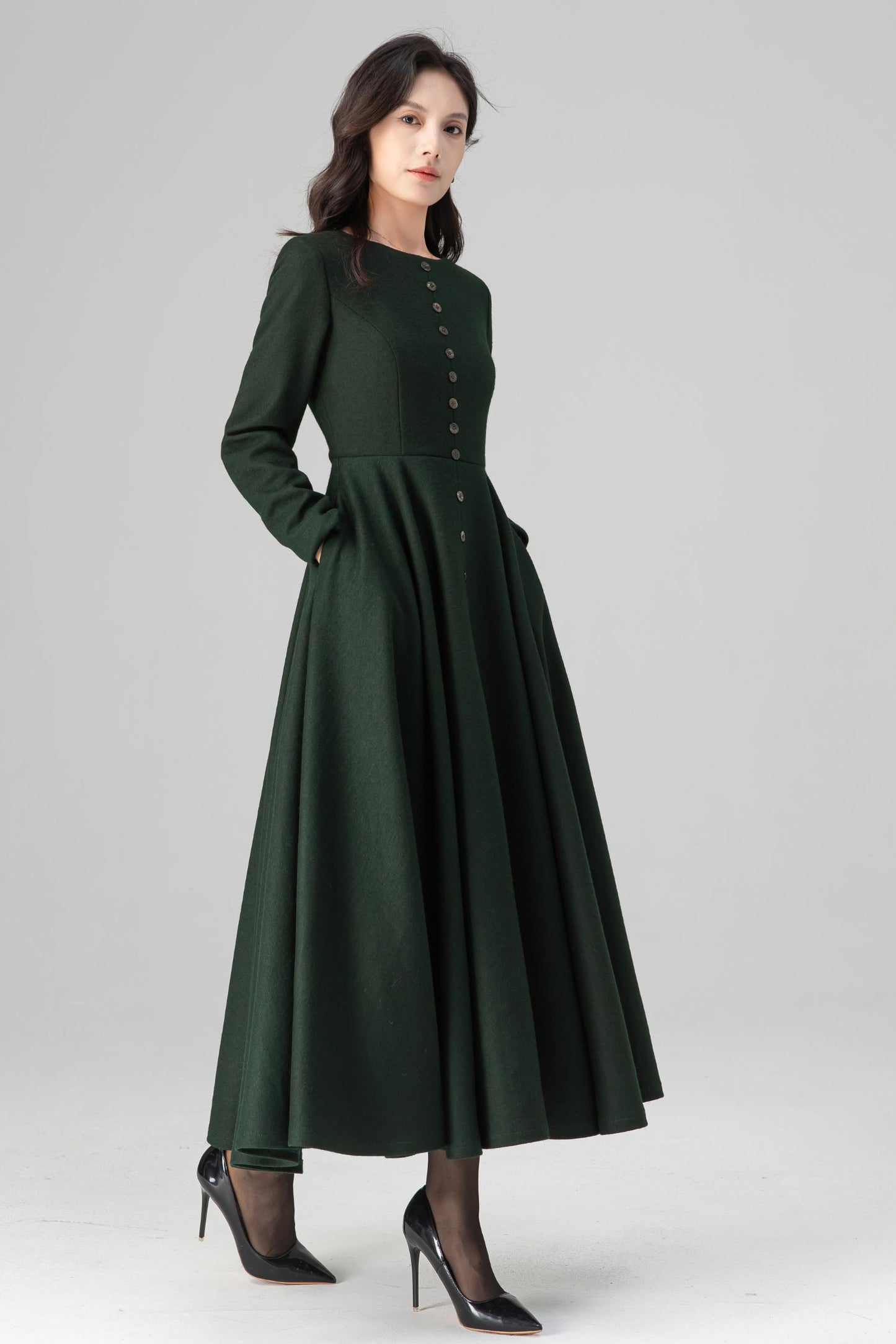 Retro Button Down Dark Green Midi Maxi Wool Dress C5202