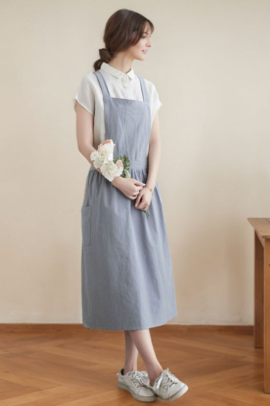 Dark Gray Linen Cotton Apron Dress - A-Line Midi with Pockets c4627