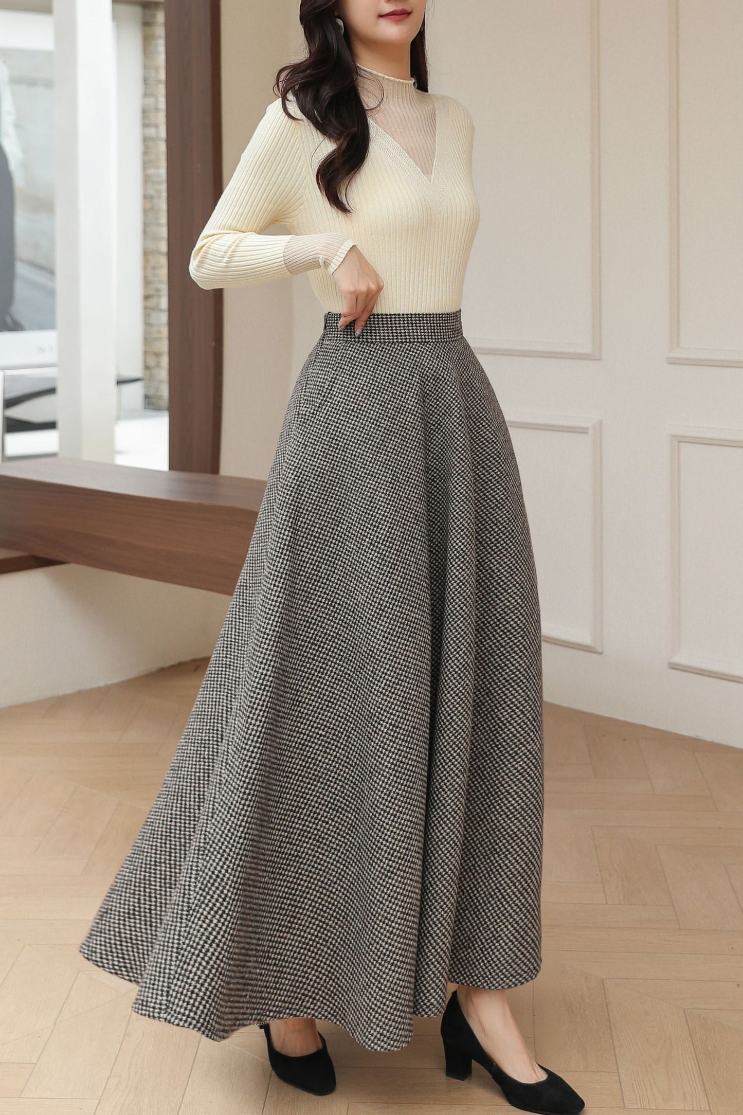 Vintage Classic Long Maxi Plaid Wool Skirt C5190