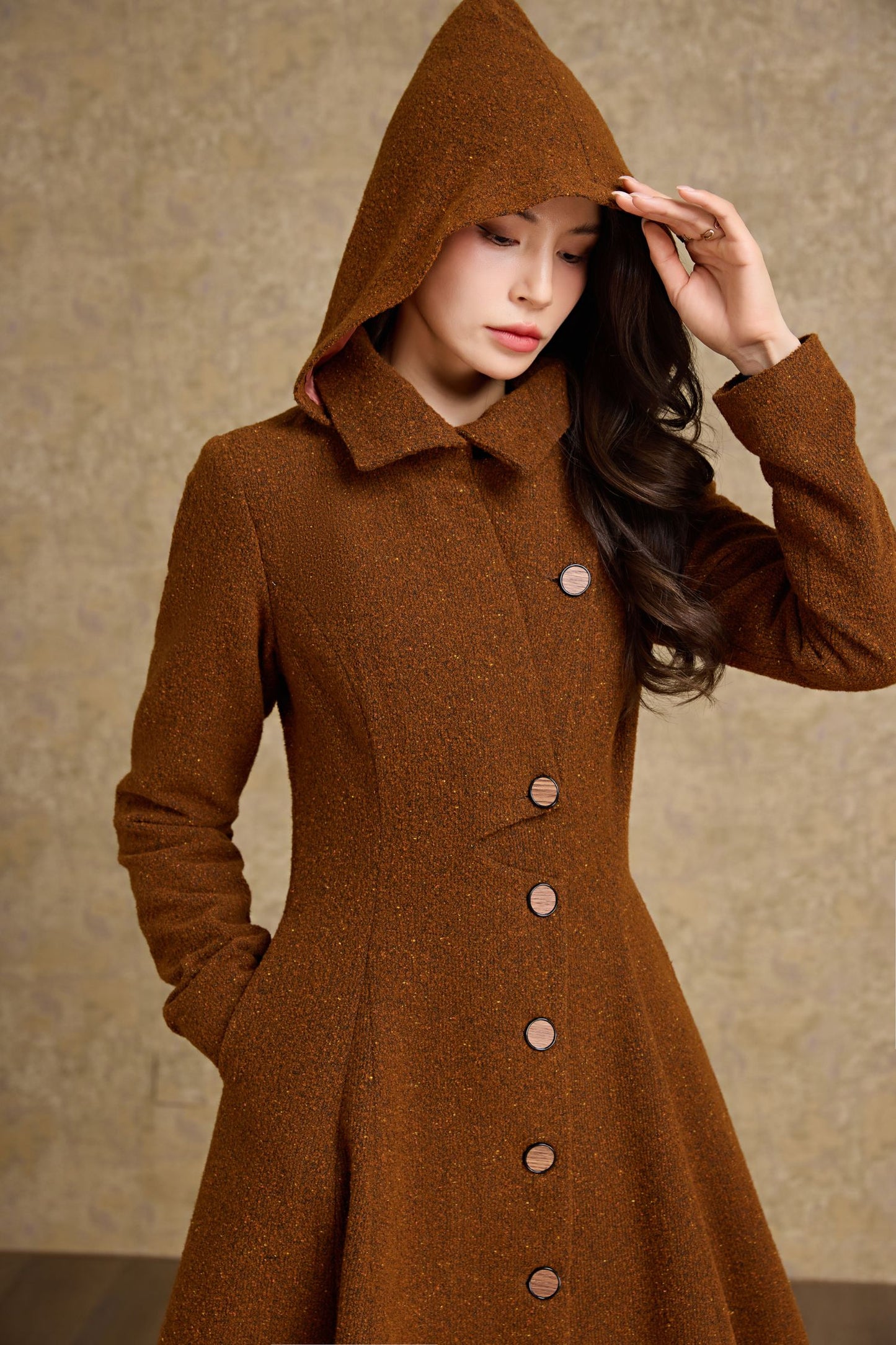 Asymmetrical hooded winter wool coat - C4475