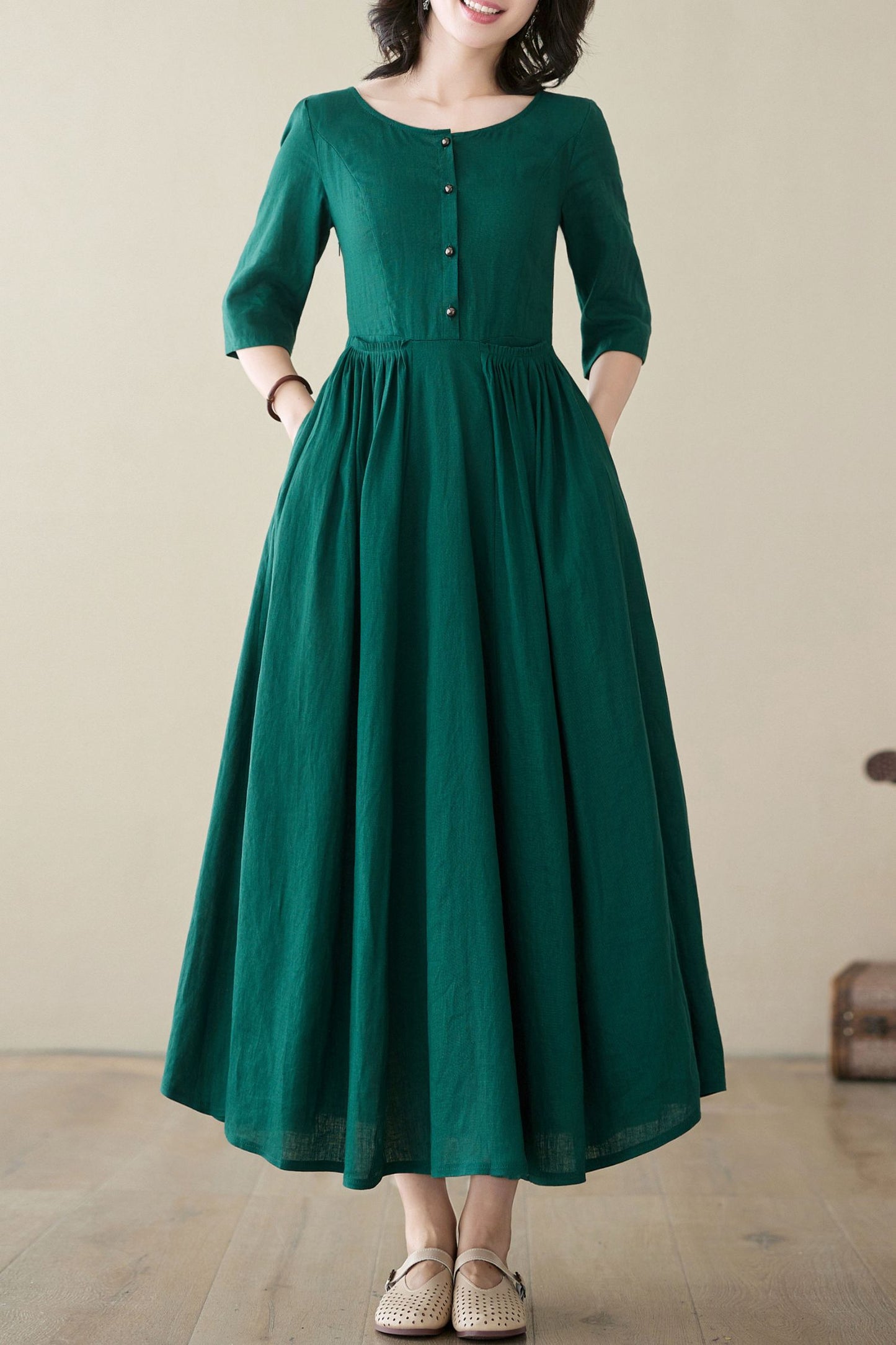 Summer Green Linen Dress C3947 -Size S #CK2400222
