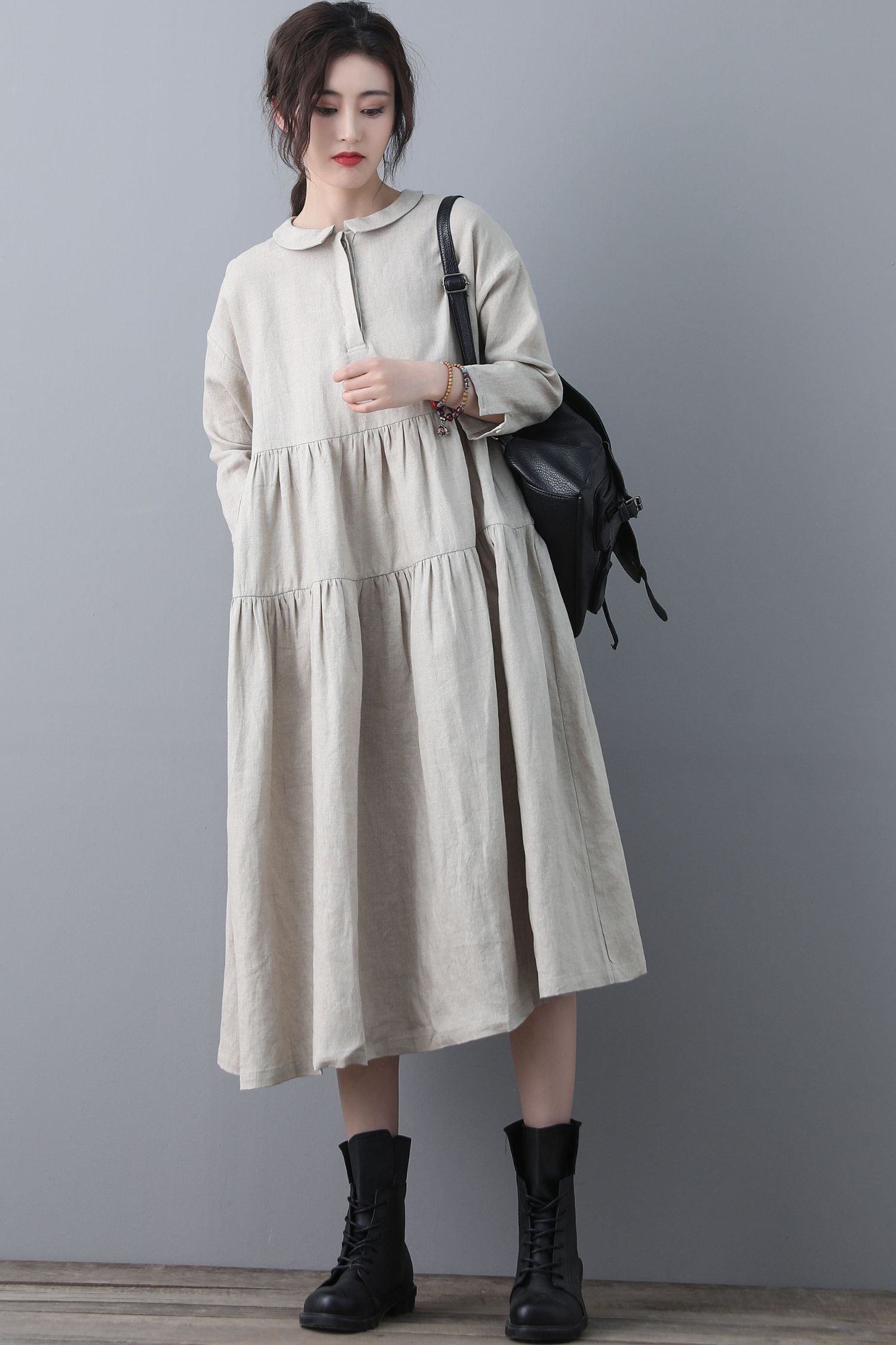 Loose Linen Midi Oversized Long Sleeve A line Dress with Pocket C1848 YLISTYLE Loose Linen Midi Oversized Long Sleeve A line Dress with Pocket C1848 YLISTYLE