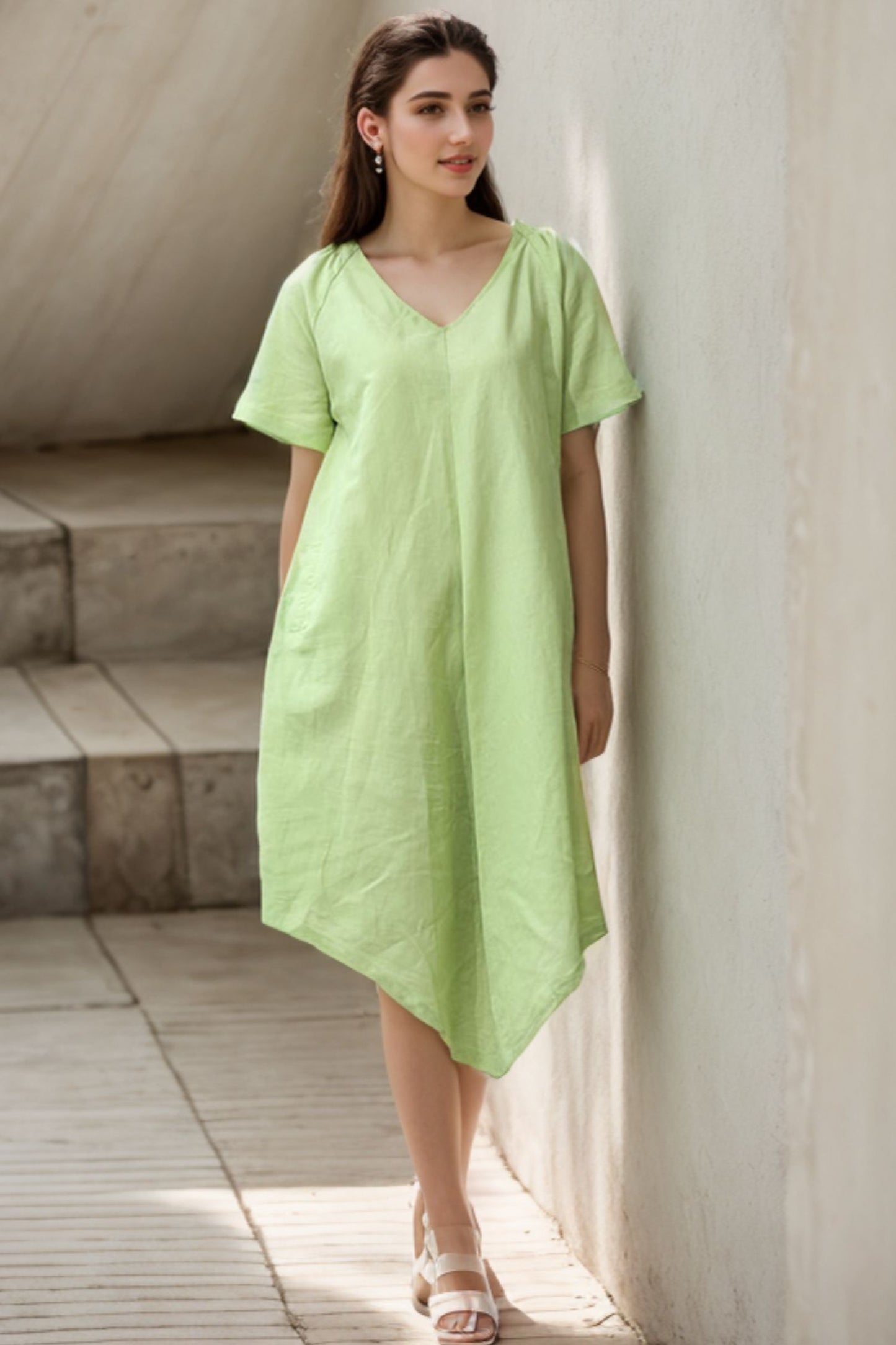 Midi Linen Dress in green C273