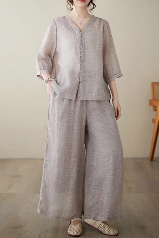 Beige Linen Top and Wide Leg Pant Set - Loose Fit Comfort c4435