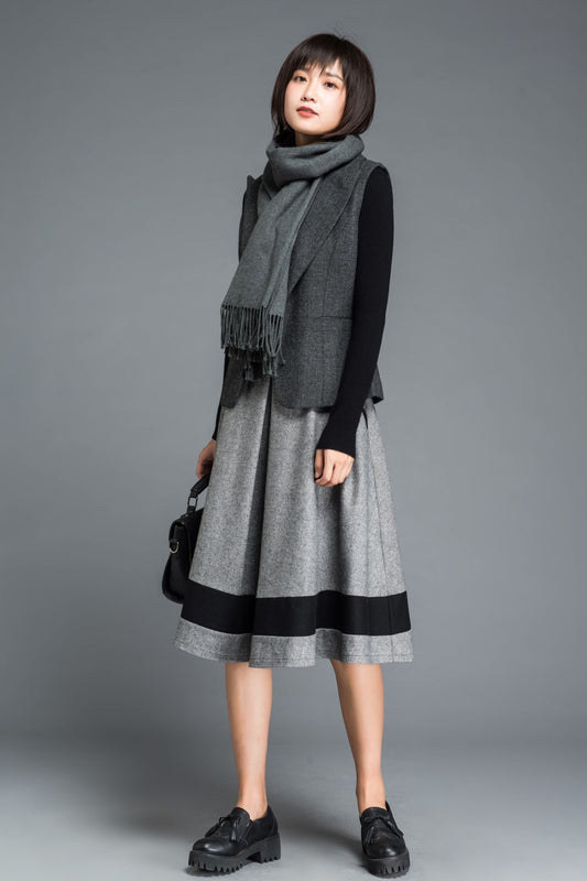 Grey Wool Knee-Length Skirt - Flared Block Color Winter Style c1214