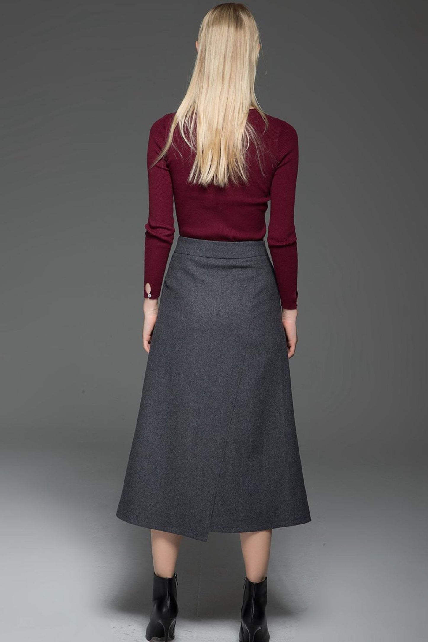 Pleated gray a line winter wool skirt C770