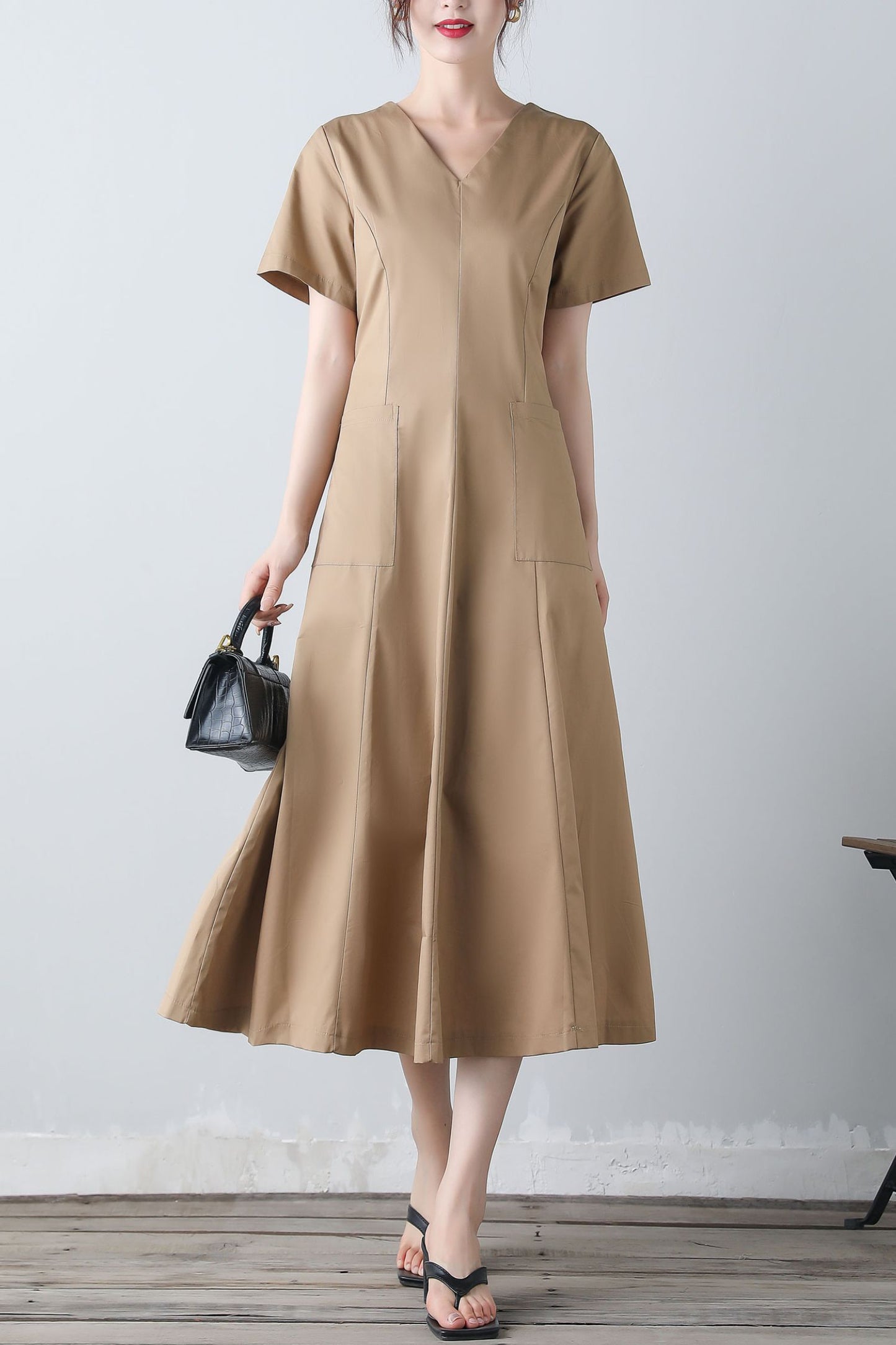 Women's v neck khaki dress C3454