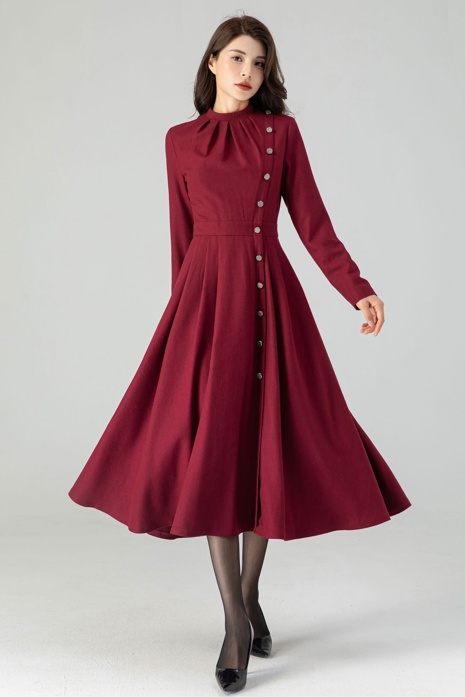 Autumn Midi Wool Burgundy Dress C3609-Size XS US2 #CK2301031 YLISTYLE Autumn Midi Wool Burgundy Dress C3609-Size XS US2 #CK2301031 YLISTYLE