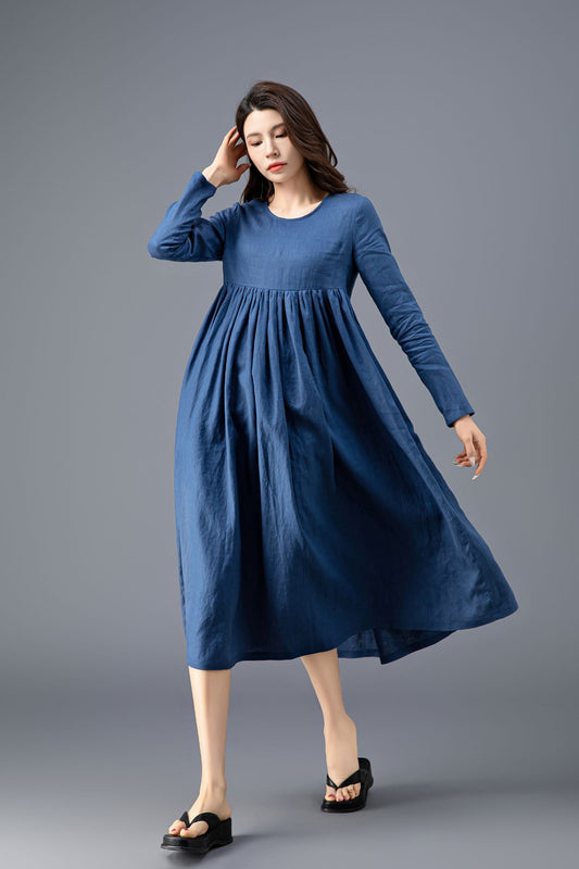 Blue Linen Midi Dress - Long Sleeve, High Waist, Loose Fit C3910