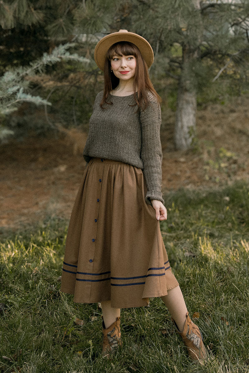 Button Brown wool Skirt for Women C3823
