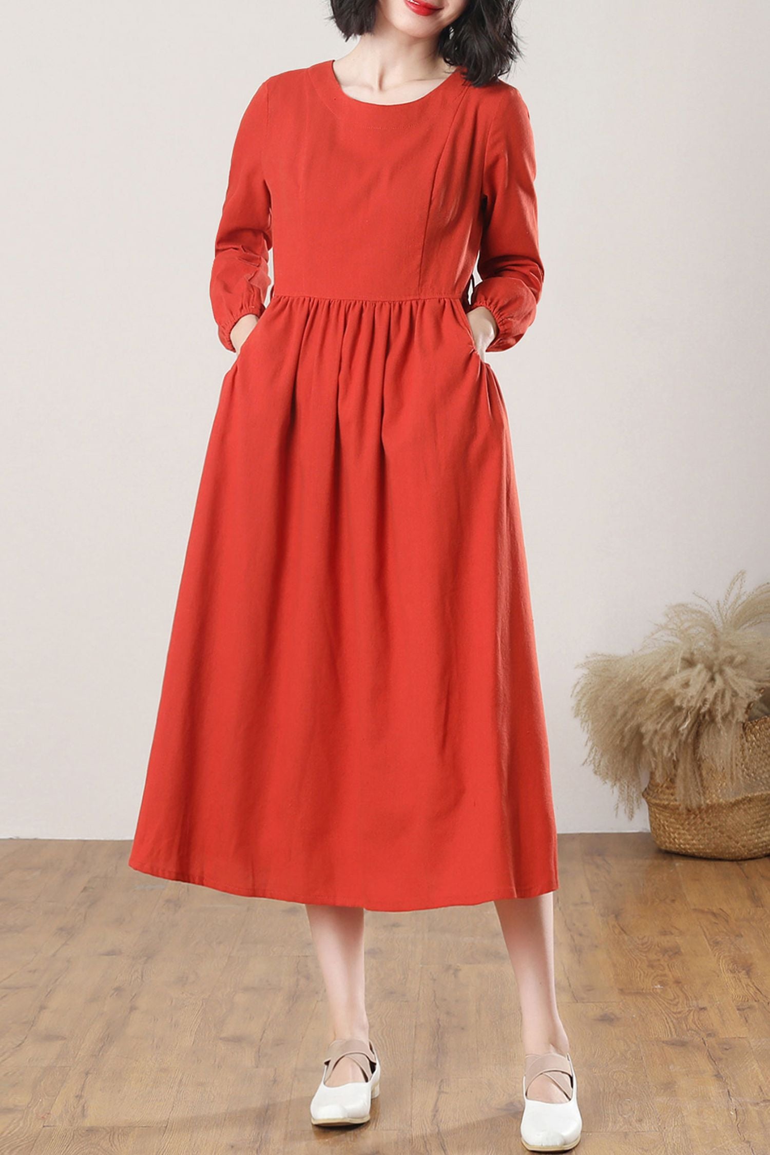 Orange Linen A-Line Midi Dress with Belted Waist