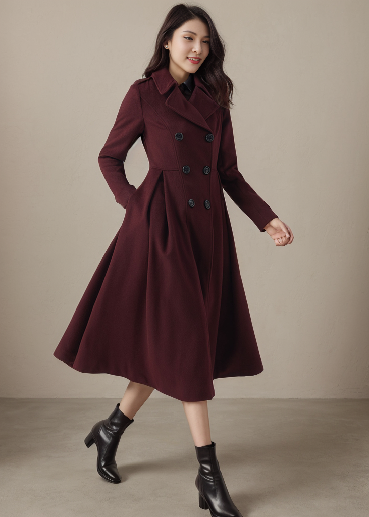 Long Swing Princess Burgundy Wool Coat C4411