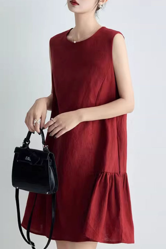 Burgundy womens summer short linen dress C5063