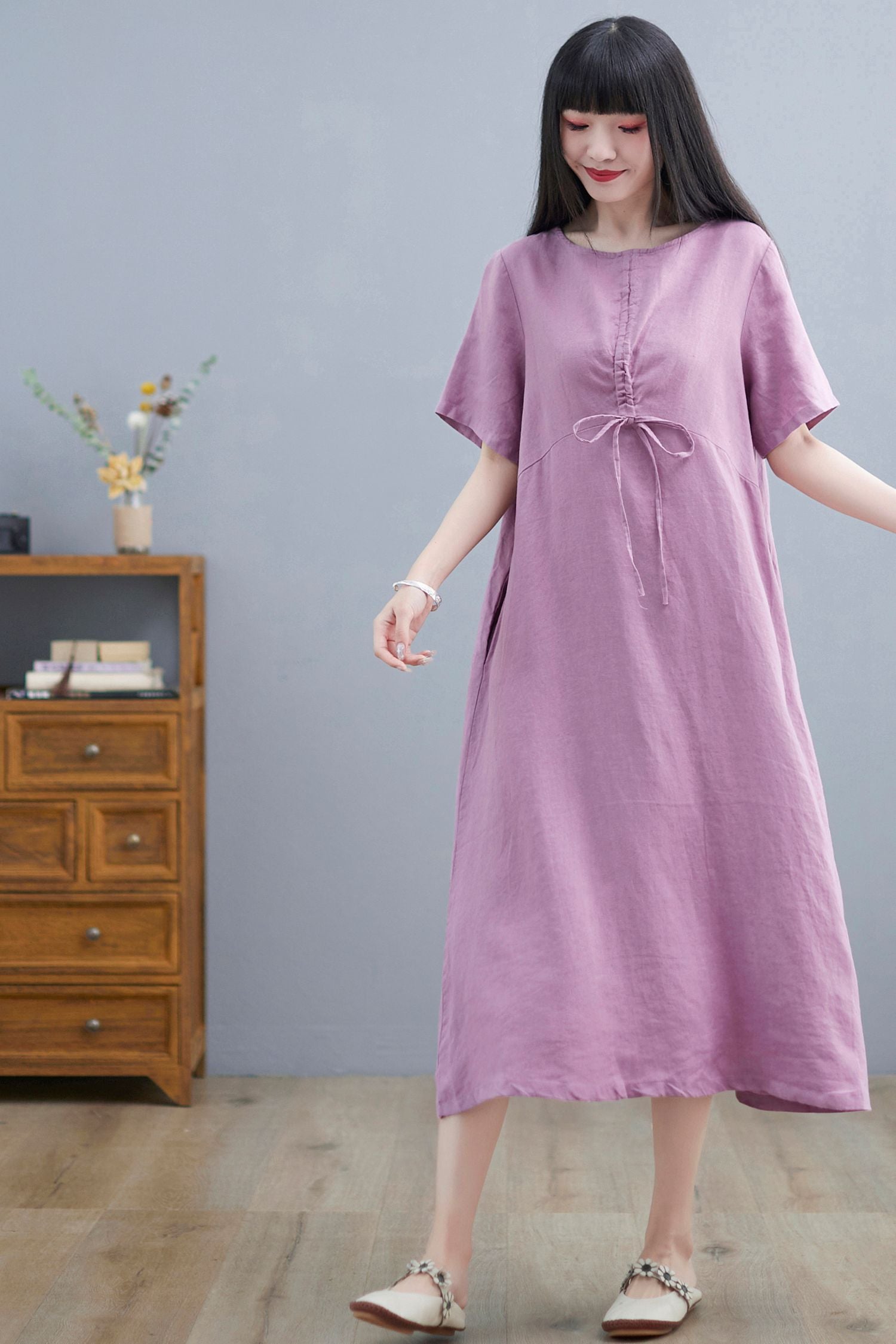 Casual A Line Purple Linen Midi Dress For Women C2252 Purple / XS Casual A Line Purple Linen Midi Dress For Women C2252 Purple / XS