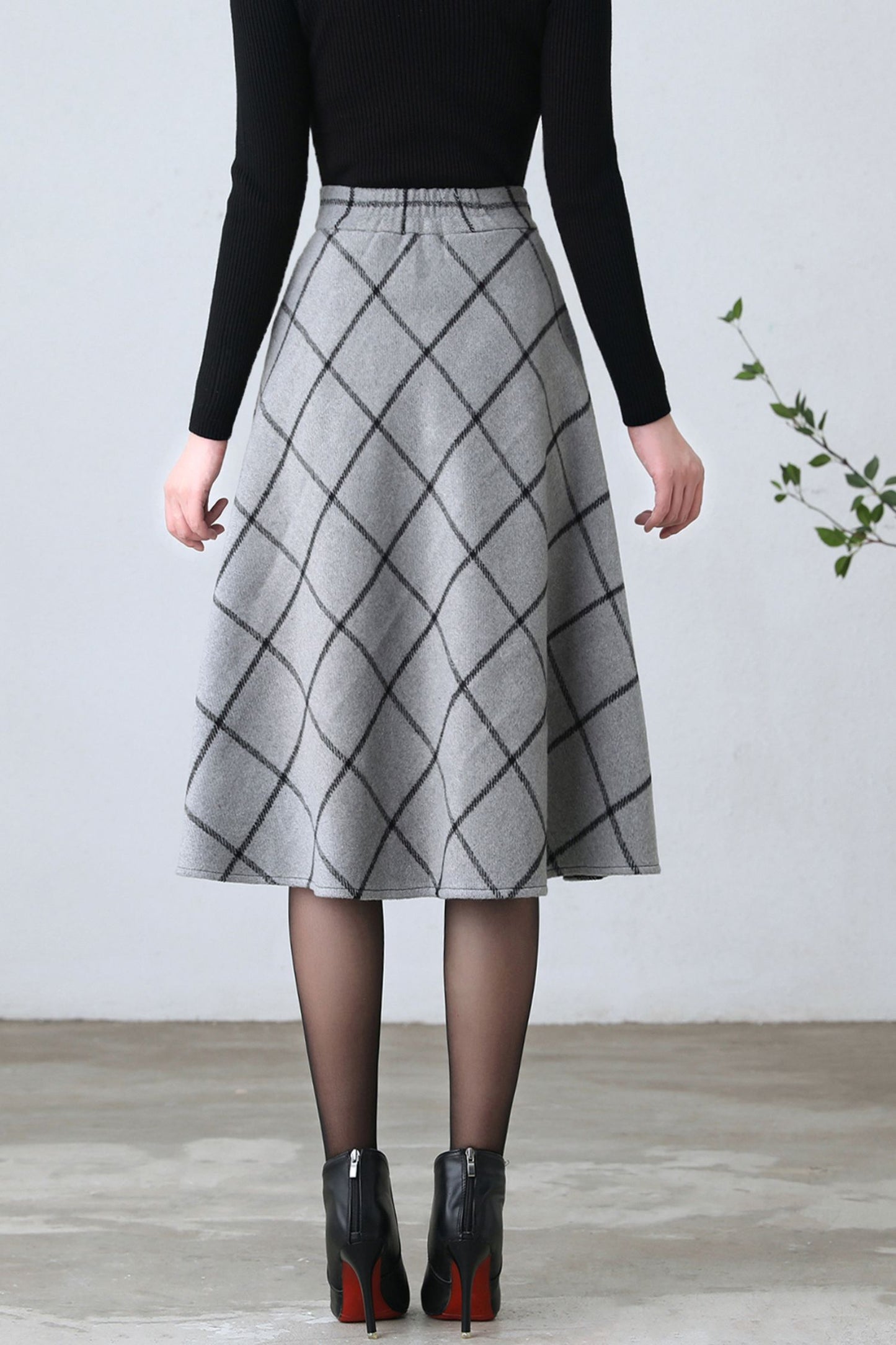 Women Winter A Line Midi Plaid Skirt C4355